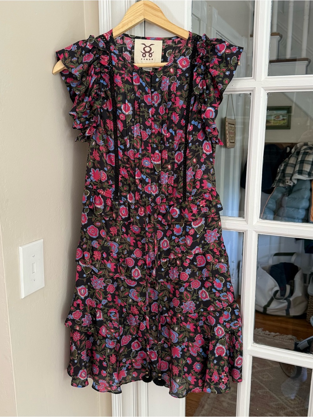 Figue Silk Floral Tassel Tiered Dress Boho Ruffle Knee Length XS